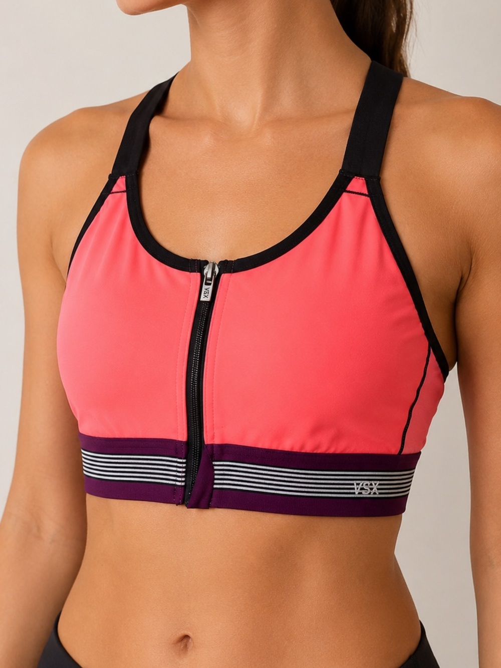 VSX Victoria’s Secret Knockout Front Zip Racerback Sports Bra 32D Pink Black